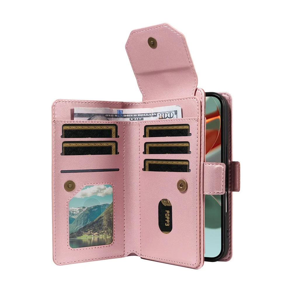For Google Pixel 10 Pro XL / 9 Pro XL Case with Multi-Card Holder and Strap PU Leather Phone Cover Stand - Rose Gold - 4