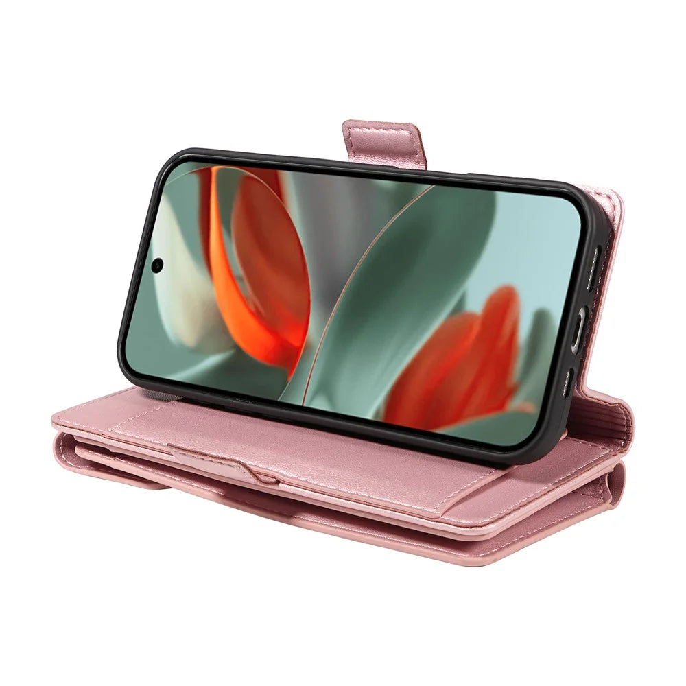 For Google Pixel 10 Pro XL / 9 Pro XL Case with Multi-Card Holder and Strap PU Leather Phone Cover Stand - Rose Gold - 5