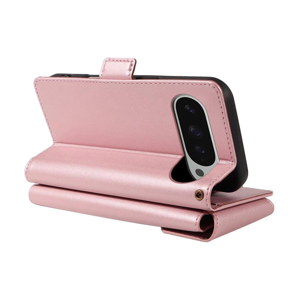 For Google Pixel 10 Pro XL / 9 Pro XL Case with Multi-Card Holder and Strap PU Leather Phone Cover Stand - Rose Gold - 6