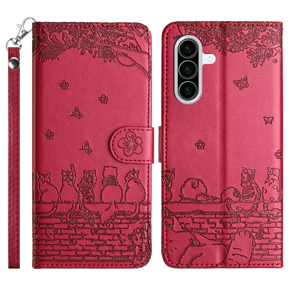 For Samsung Galaxy A56 5G Case with Wrist Strap Leather Phone Cover Wall Cats Pattern - Red - 1