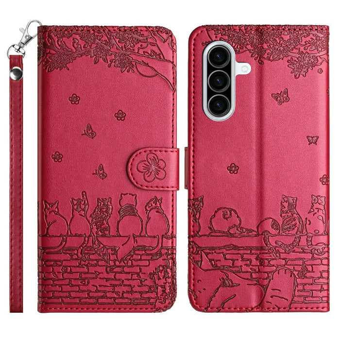 For Samsung Galaxy A56 5G Case with Wrist Strap Leather Phone Cover Wall Cats Pattern - Red - 1