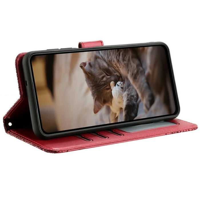 For Samsung Galaxy A56 5G Case with Wrist Strap Leather Phone Cover Wall Cats Pattern - Red - 2