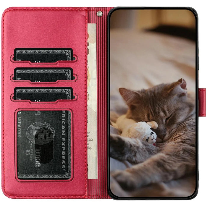 For Samsung Galaxy A56 5G Case with Wrist Strap Leather Phone Cover Wall Cats Pattern - Red - 3