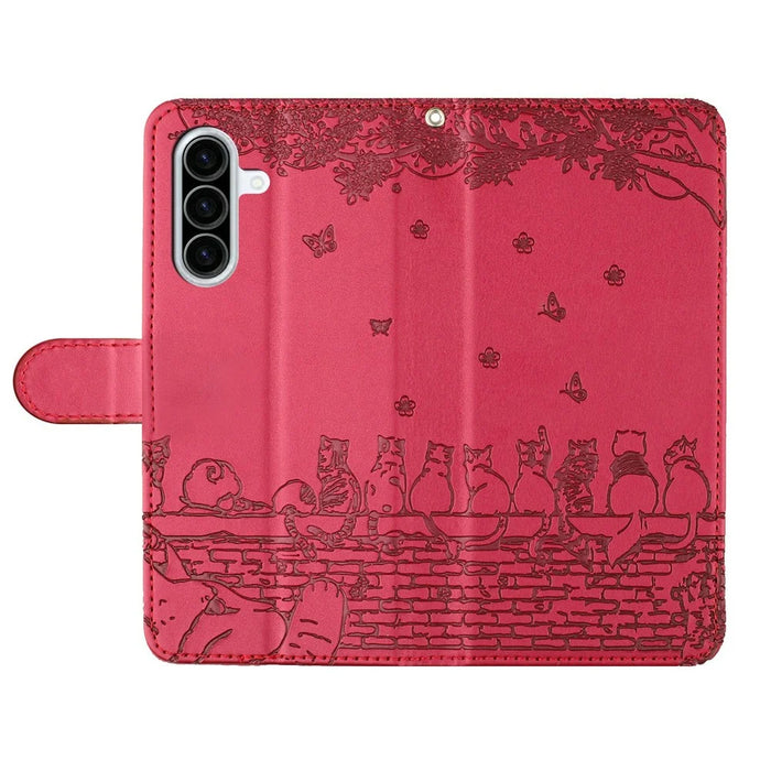 For Samsung Galaxy A56 5G Case with Wrist Strap Leather Phone Cover Wall Cats Pattern - Red - 4