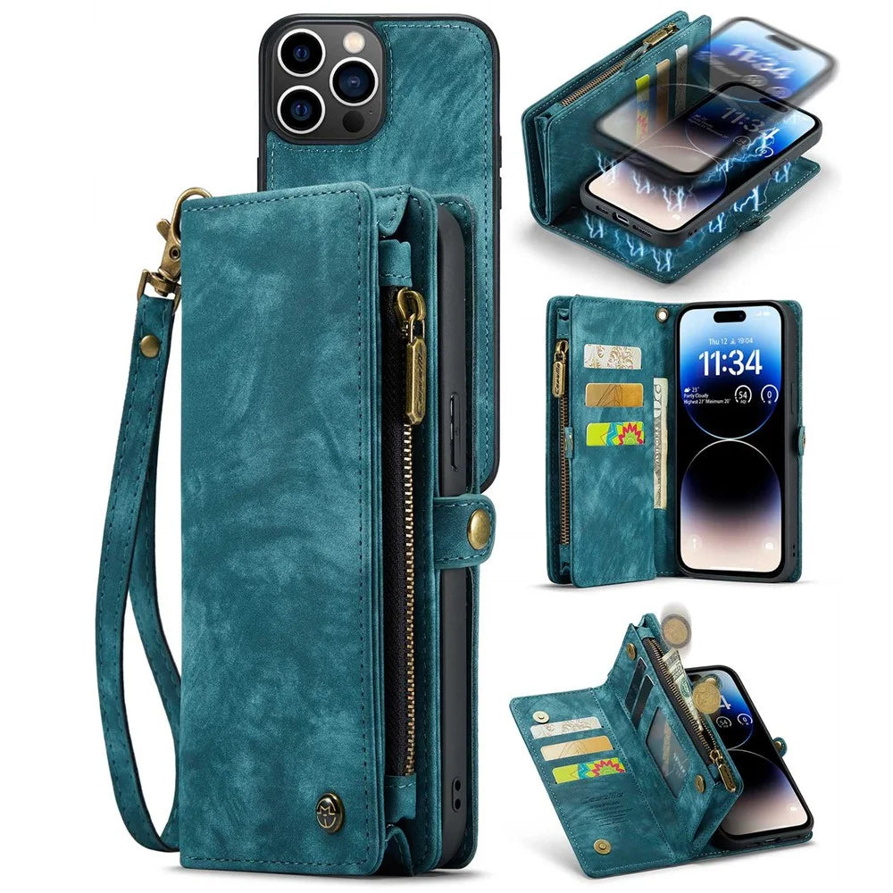 CASEME 008 Series for iPhone 14 Pro Max Multi-Functional Detachable Magnetic Phone Case PU Leather Stand Zipper Pocket Wallet Cover with Strap - Blue - 1