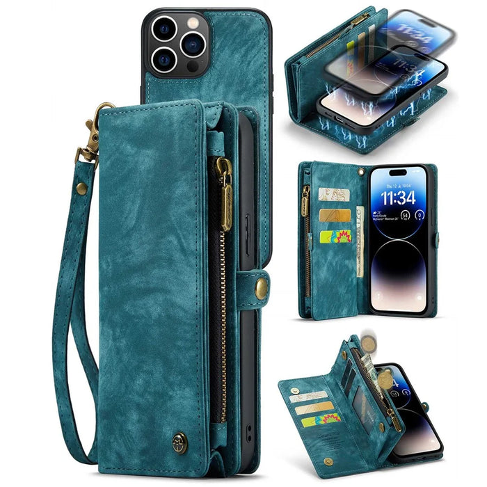 CASEME 008 Series for iPhone 14 Pro Max Multi-Functional Detachable Magnetic Phone Case PU Leather Stand Zipper Pocket Wallet Cover with Strap - Blue - 1