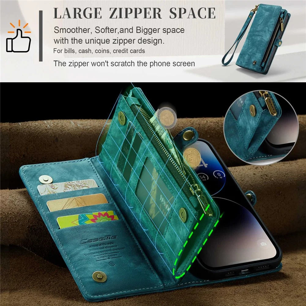CASEME 008 Series for iPhone 14 Pro Max Multi-Functional Detachable Magnetic Phone Case PU Leather Stand Zipper Pocket Wallet Cover with Strap - Blue - 5