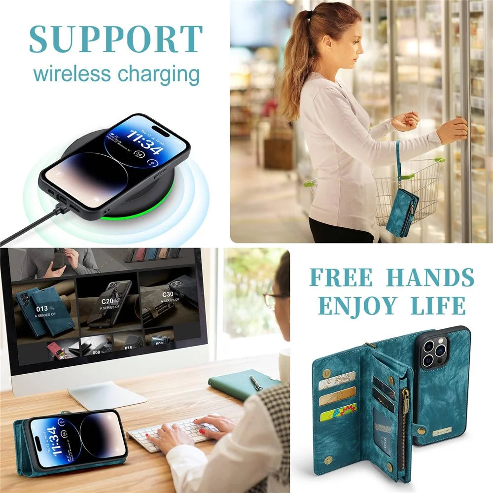 CASEME 008 Series for iPhone 14 Pro Max Multi-Functional Detachable Magnetic Phone Case PU Leather Stand Zipper Pocket Wallet Cover with Strap - Blue - 7