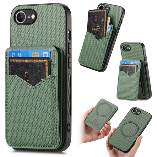 For iPhone 17e / 16e Magnetic Case Carbon Fiber Texture Back Cover with Detachable Card Holder - Green - 1