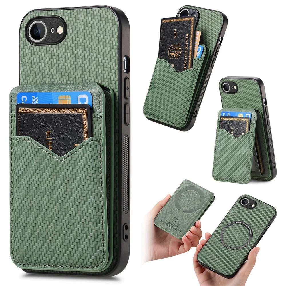 For iPhone 17e / 16e Magnetic Case Carbon Fiber Texture Back Cover with Detachable Card Holder - Green - 1