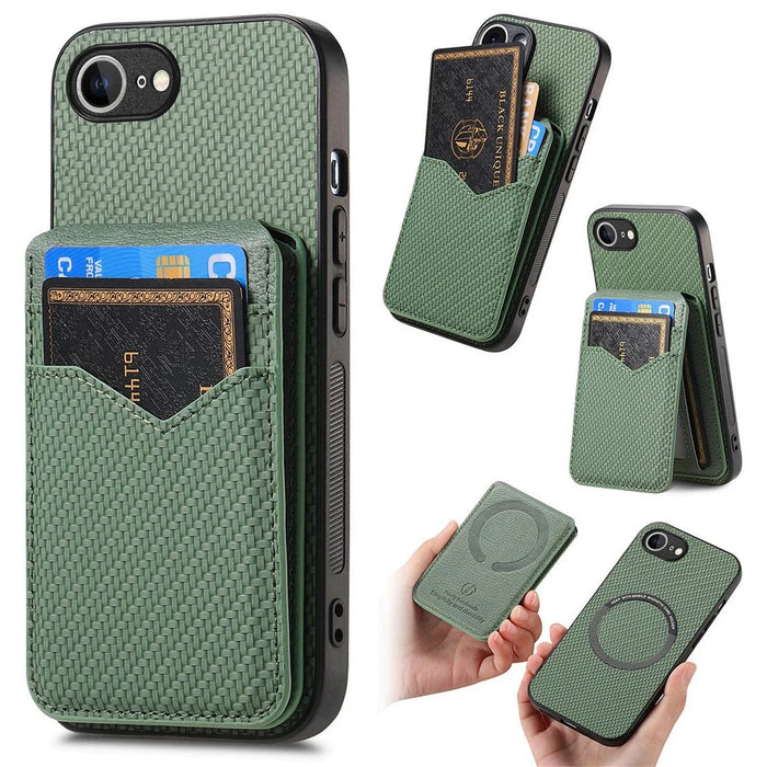 For iPhone 17e / 16e Magnetic Case Carbon Fiber Texture Back Cover with Detachable Card Holder - Green - 1