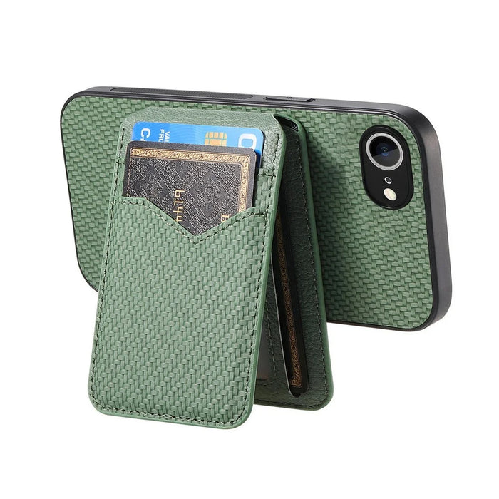 For iPhone 17e / 16e Magnetic Case Carbon Fiber Texture Back Cover with Detachable Card Holder - Green - 3