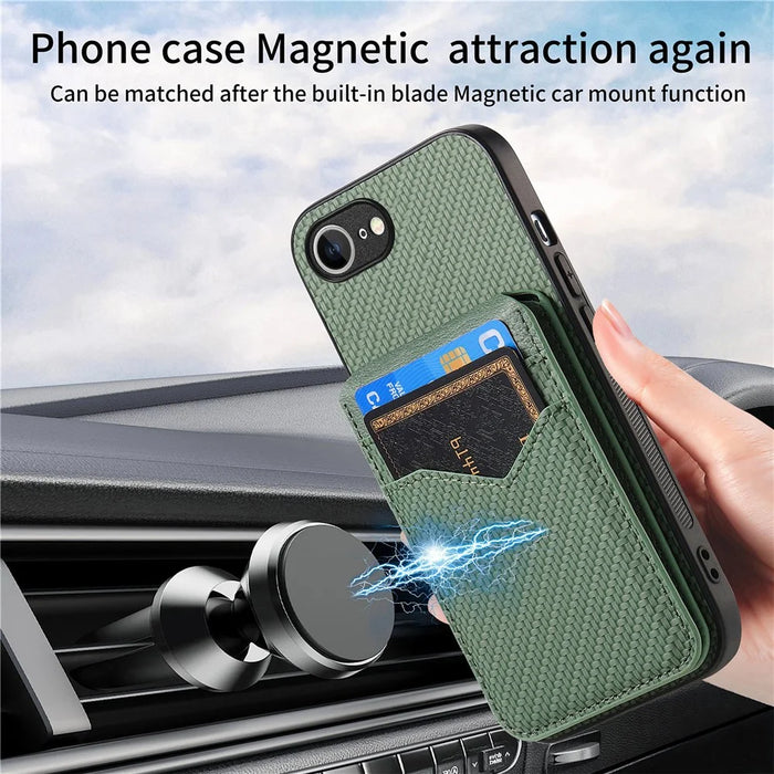 For iPhone 17e / 16e Magnetic Case Carbon Fiber Texture Back Cover with Detachable Card Holder - Green - 5
