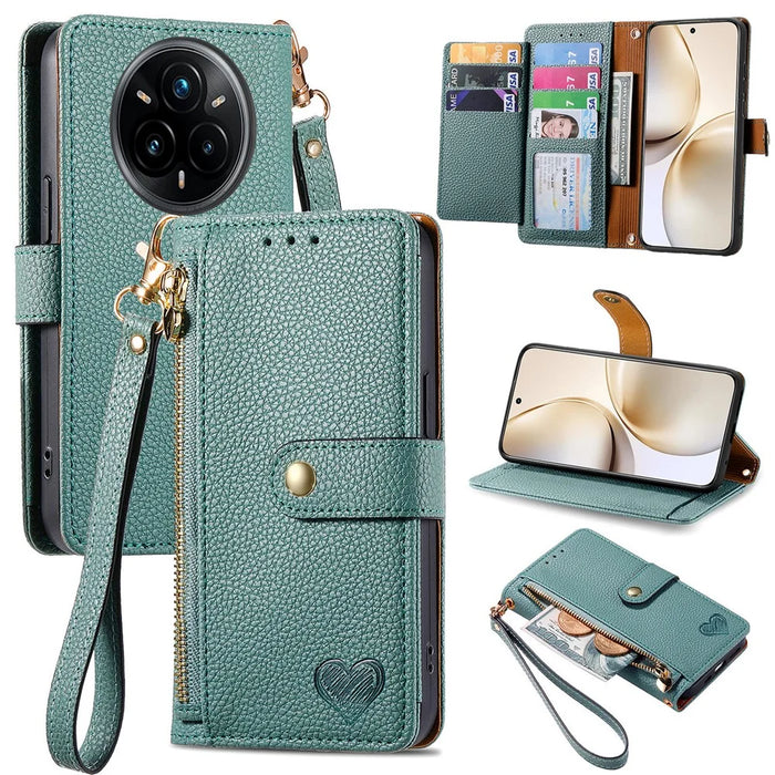 For Realme 14 Pro+ 5G Case RFID Blocking Zipper Pocket Leather Wallet Phone Cover with Strap - Green - 1