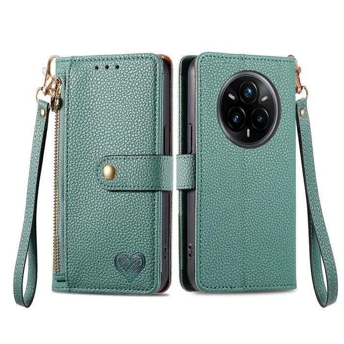 For Realme 14 Pro+ 5G Case RFID Blocking Zipper Pocket Leather Wallet Phone Cover with Strap - Green - 2