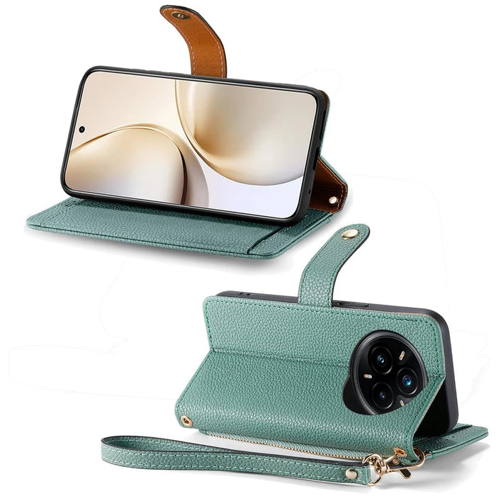 For Realme 14 Pro+ 5G Case RFID Blocking Zipper Pocket Leather Wallet Phone Cover with Strap - Green - 4