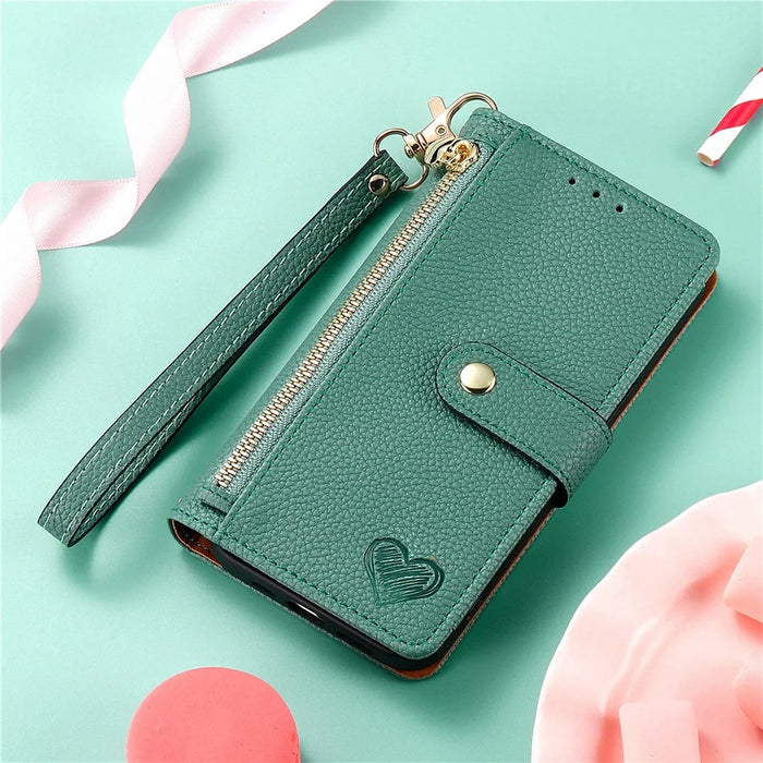 For Realme 14 Pro+ 5G Case RFID Blocking Zipper Pocket Leather Wallet Phone Cover with Strap - Green - 5