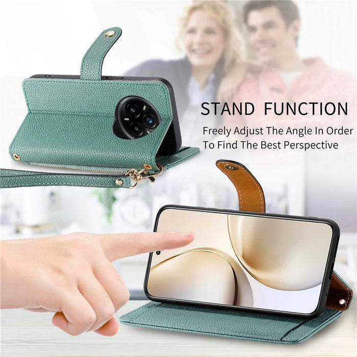 For Realme 14 Pro+ 5G Case RFID Blocking Zipper Pocket Leather Wallet Phone Cover with Strap - Green - 6