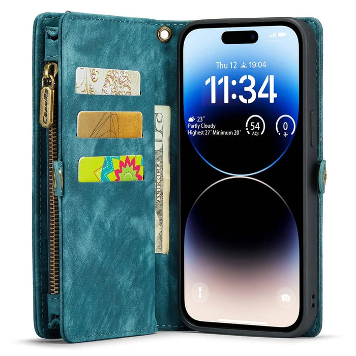 CASEME 008 Series for iPhone 14 Pro Multi-Functional PU Leather Flip Cover Detachable Magnetic Zipper Wallet Case with Stand Function - Blue - 2