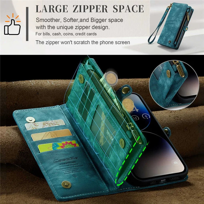 CASEME 008 Series for iPhone 14 Pro Multi-Functional PU Leather Flip Cover Detachable Magnetic Zipper Wallet Case with Stand Function - Blue - 5
