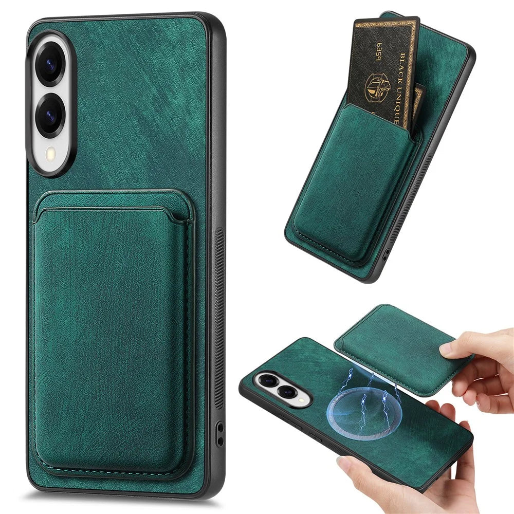 For Samsung Galaxy S25 Edge Magnetic Case Leather Back Cover with Detachable Card Holder - Green - 1