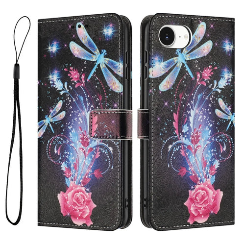 YX-2501 For iPhone 17e / 16e Stand Case Pattern Printing PU Leather Wallet Phone Cover with Lanyard - Dragonfly - 1