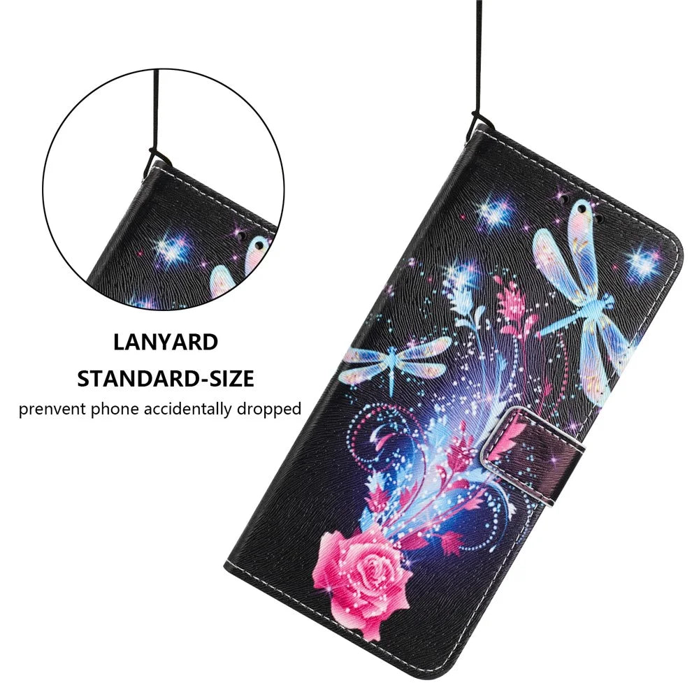 YX-2501 For iPhone 17e / 16e Stand Case Pattern Printing PU Leather Wallet Phone Cover with Lanyard - Dragonfly - 4