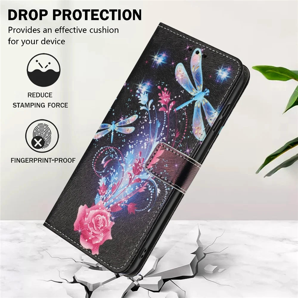 YX-2501 For iPhone 17e / 16e Stand Case Pattern Printing PU Leather Wallet Phone Cover with Lanyard - Dragonfly - 5