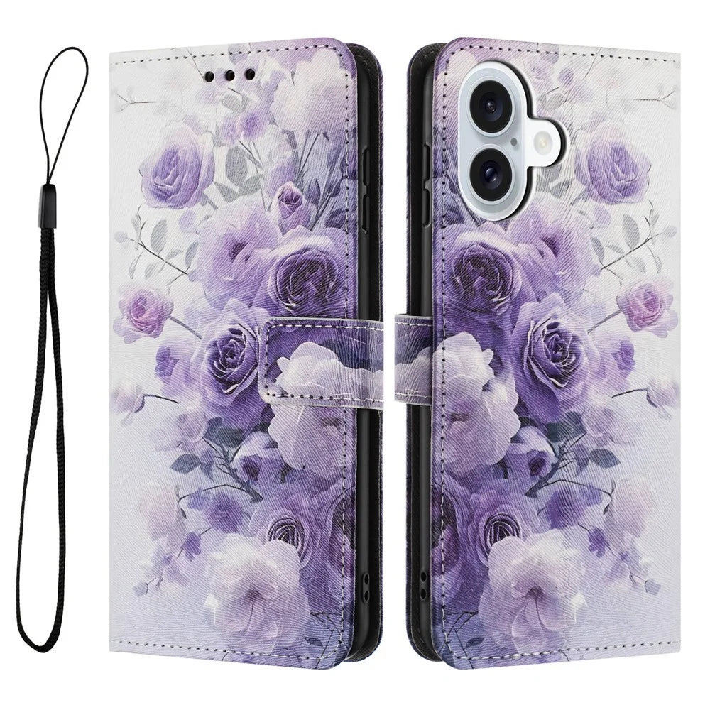 YX-2501 For iPhone 16 Stand Case Pattern Printing PU Leather Wallet Phone Cover with Lanyard - Purple Rose - 1