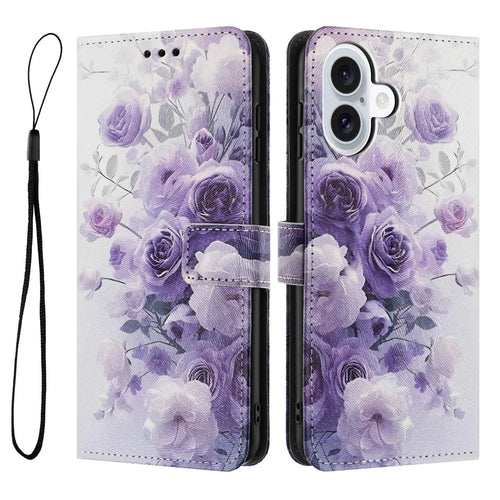 YX-2501 For iPhone 16 Stand Case Pattern Printing PU Leather Wallet Phone Cover with Lanyard - Purple Rose - 1
