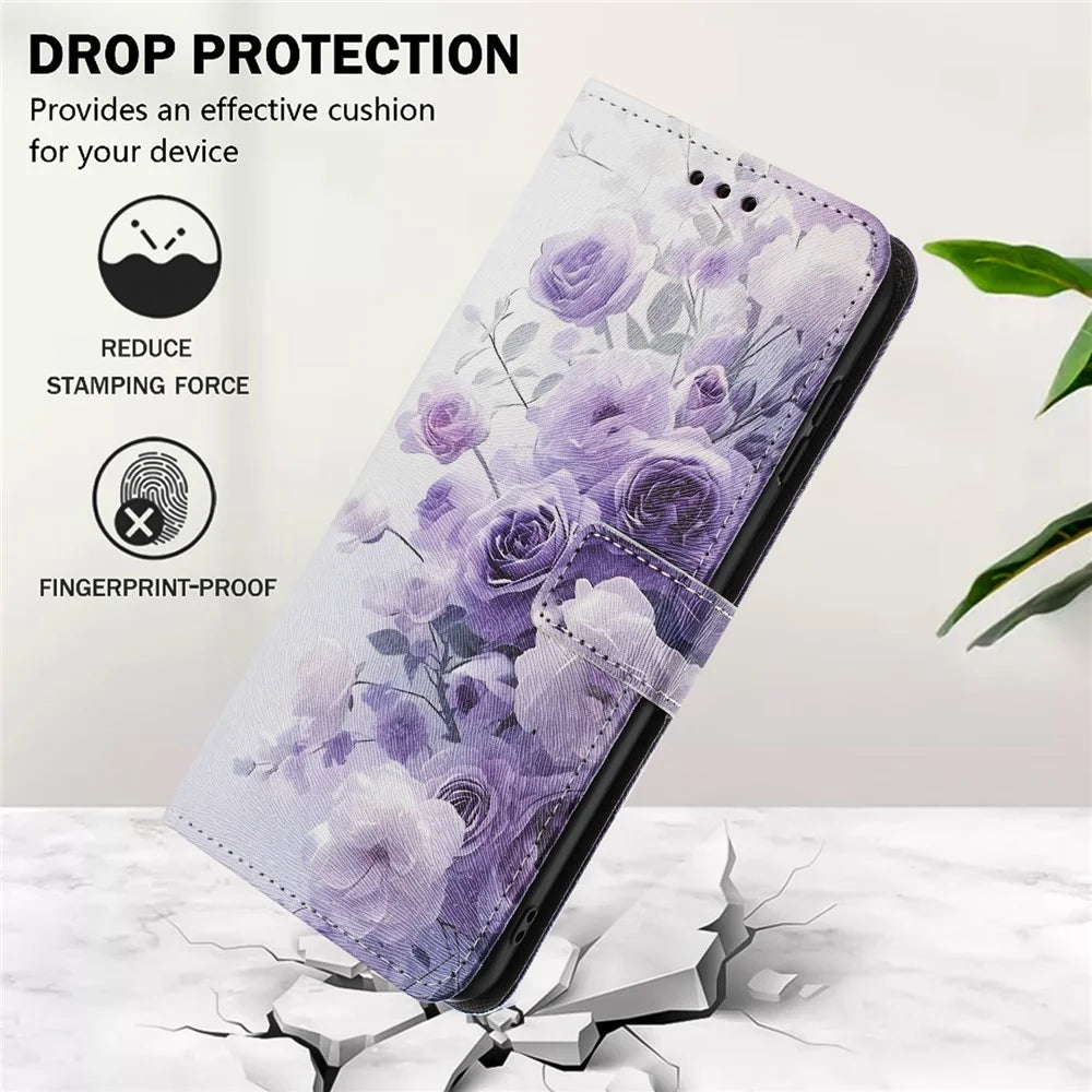 YX-2501 For iPhone 16 Stand Case Pattern Printing PU Leather Wallet Phone Cover with Lanyard - Purple Rose - 5
