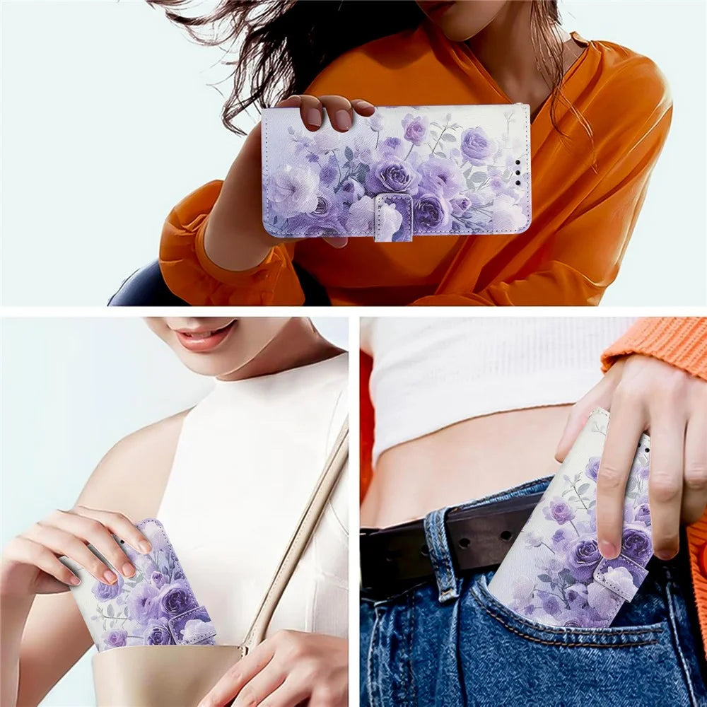 YX-2501 For iPhone 16 Stand Case Pattern Printing PU Leather Wallet Phone Cover with Lanyard - Purple Rose - 6