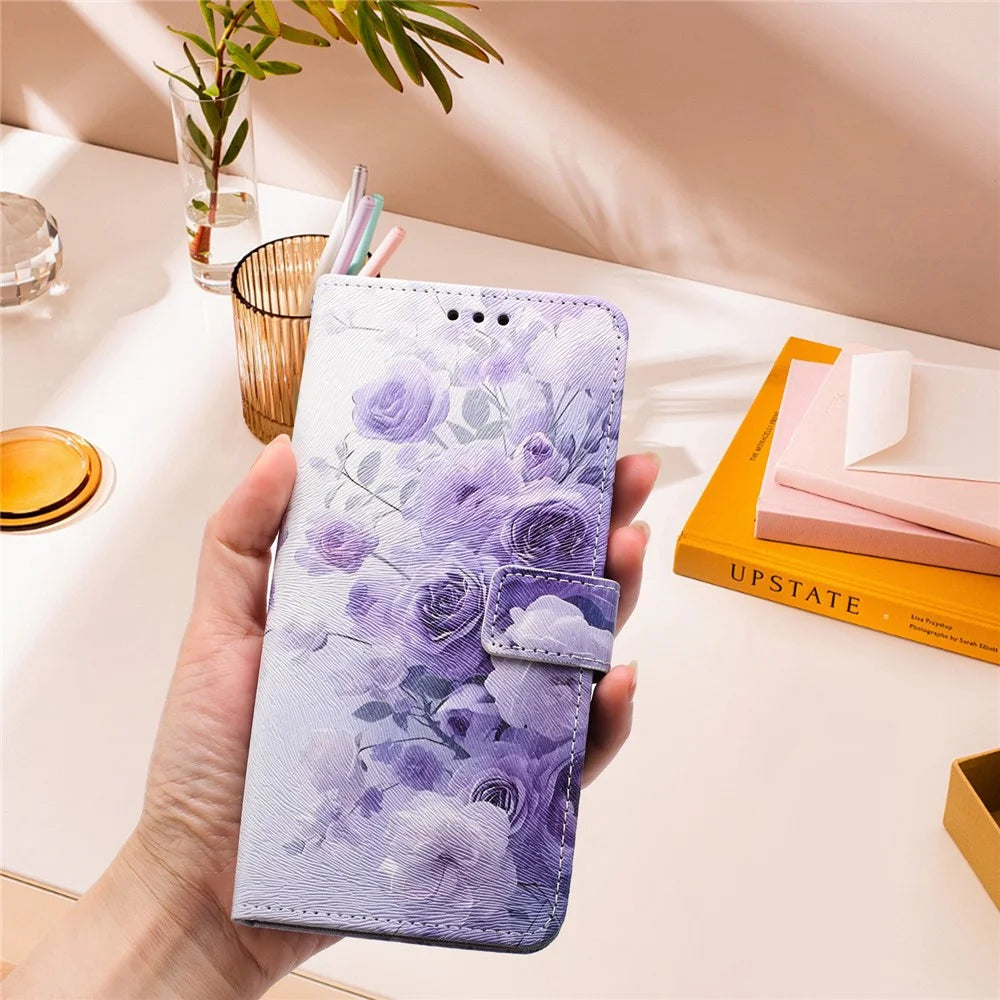 YX-2501 For iPhone 16 Stand Case Pattern Printing PU Leather Wallet Phone Cover with Lanyard - Purple Rose - 7