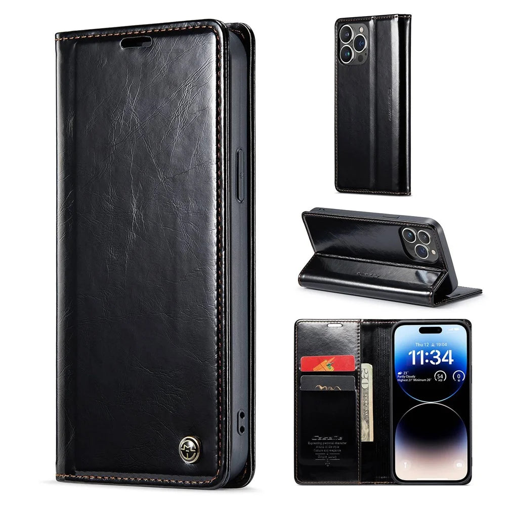 CASEME 003 Series PU Leather Phone Case For iPhone 14 Pro Max, Shockproof Retro Waxy Texture Magnetic Closure Phone Cover Stand Wallet - Black - 1