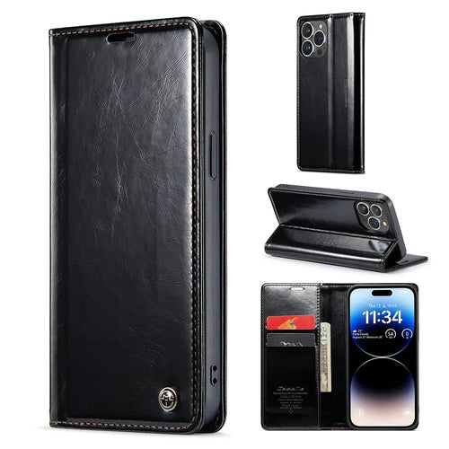 CASEME 003 Series PU Leather Phone Case For iPhone 14 Pro Max, Shockproof Retro Waxy Texture Magnetic Closure Phone Cover Stand Wallet - Black - 1