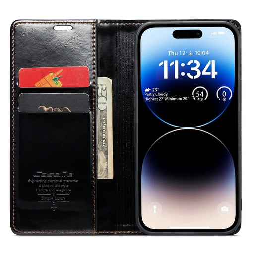 CASEME 003 Series PU Leather Phone Case For iPhone 14 Pro Max, Shockproof Retro Waxy Texture Magnetic Closure Phone Cover Stand Wallet - Black - 2
