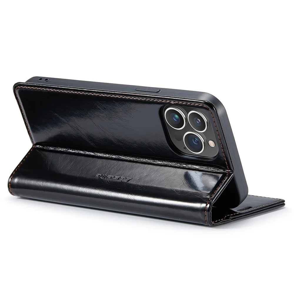 CASEME 003 Series PU Leather Phone Case For iPhone 14 Pro Max, Shockproof Retro Waxy Texture Magnetic Closure Phone Cover Stand Wallet - Black - 3
