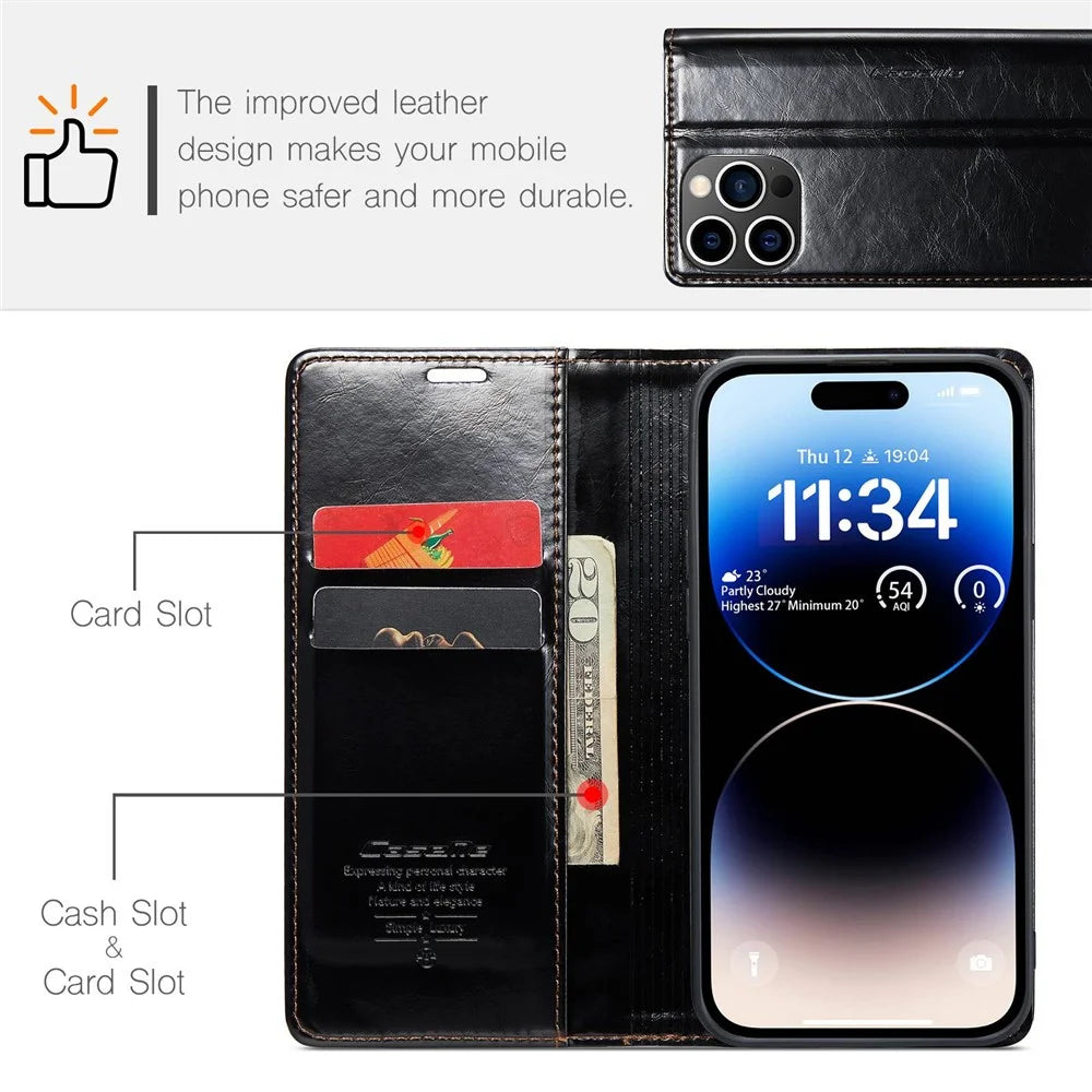 CASEME 003 Series PU Leather Phone Case For iPhone 14 Pro Max, Shockproof Retro Waxy Texture Magnetic Closure Phone Cover Stand Wallet - Black - 4