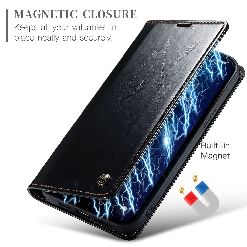 CASEME 003 Series PU Leather Phone Case For iPhone 14 Pro Max, Shockproof Retro Waxy Texture Magnetic Closure Phone Cover Stand Wallet - Black - 5