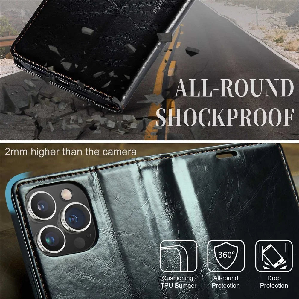CASEME 003 Series PU Leather Phone Case For iPhone 14 Pro Max, Shockproof Retro Waxy Texture Magnetic Closure Phone Cover Stand Wallet - Black - 6