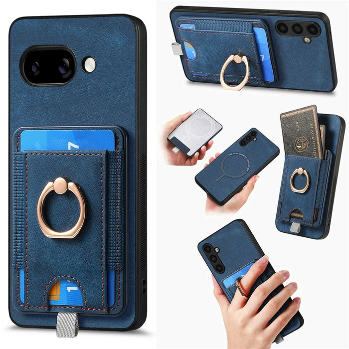 For Google Pixel 9a Magnetic Case PU Leather Back Cover with Detachable Card Holder - Blue - 1