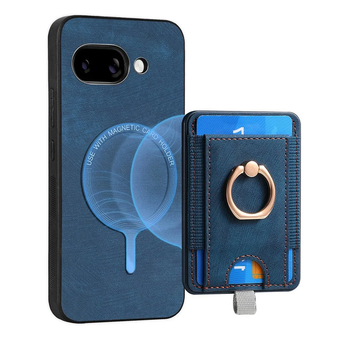 For Google Pixel 9a Magnetic Case PU Leather Back Cover with Detachable Card Holder - Blue - 5