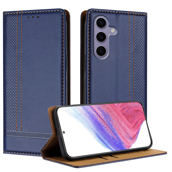 For Samsung Galaxy S25 Case L-Shaped Grid Pattern Leather Stand Phone Cover with Card Slots - Blue - 1