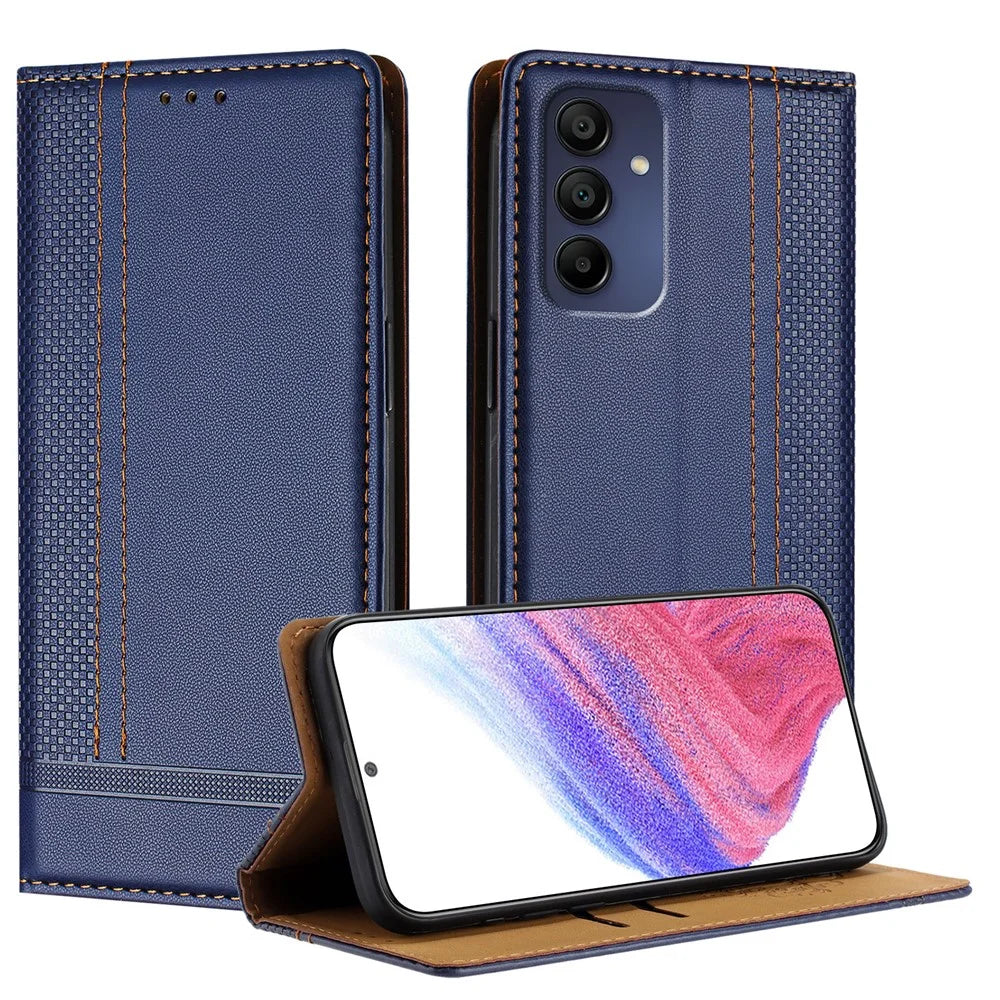 For Samsung Galaxy A16 4G / Galaxy A16 5G Case L-Shaped Grid Pattern Leather Stand Phone Cover with Card Slots - Blue - 1