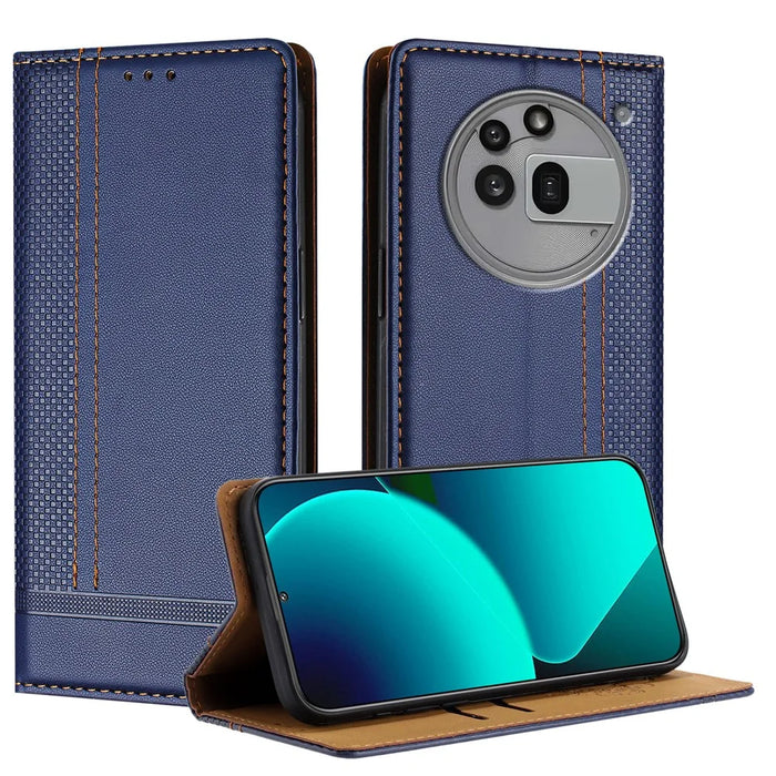 For Nothing Phone (3a) Pro Case L-Shaped Grid Pattern Leather Stand Phone Cover with Card Slots - Blue - 1