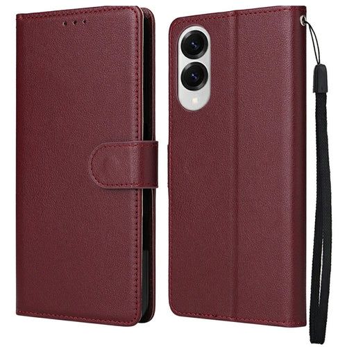 For Samsung Galaxy S25 Edge Case Wallet Stand View PU Leather Phone Cover with Wrist Strap - Wine Red - 1