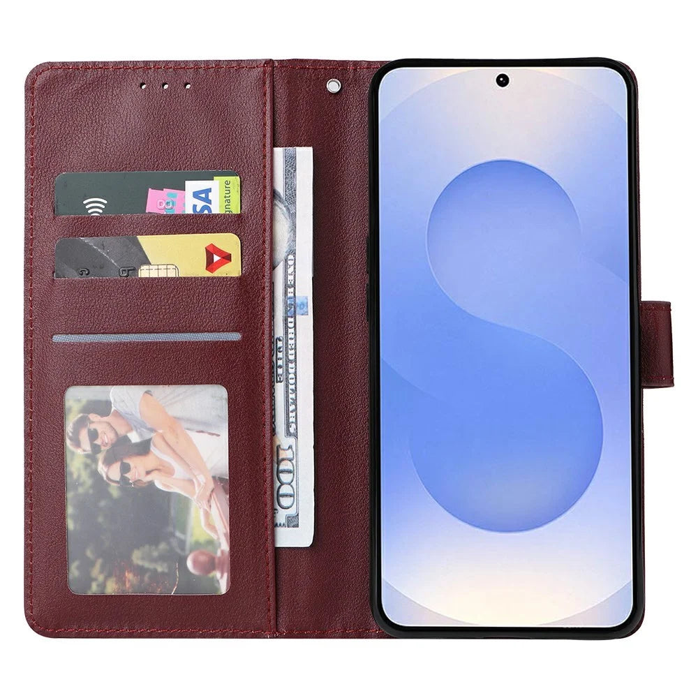 For Samsung Galaxy S25 Edge Case Wallet Stand View PU Leather Phone Cover with Wrist Strap - Wine Red - 2