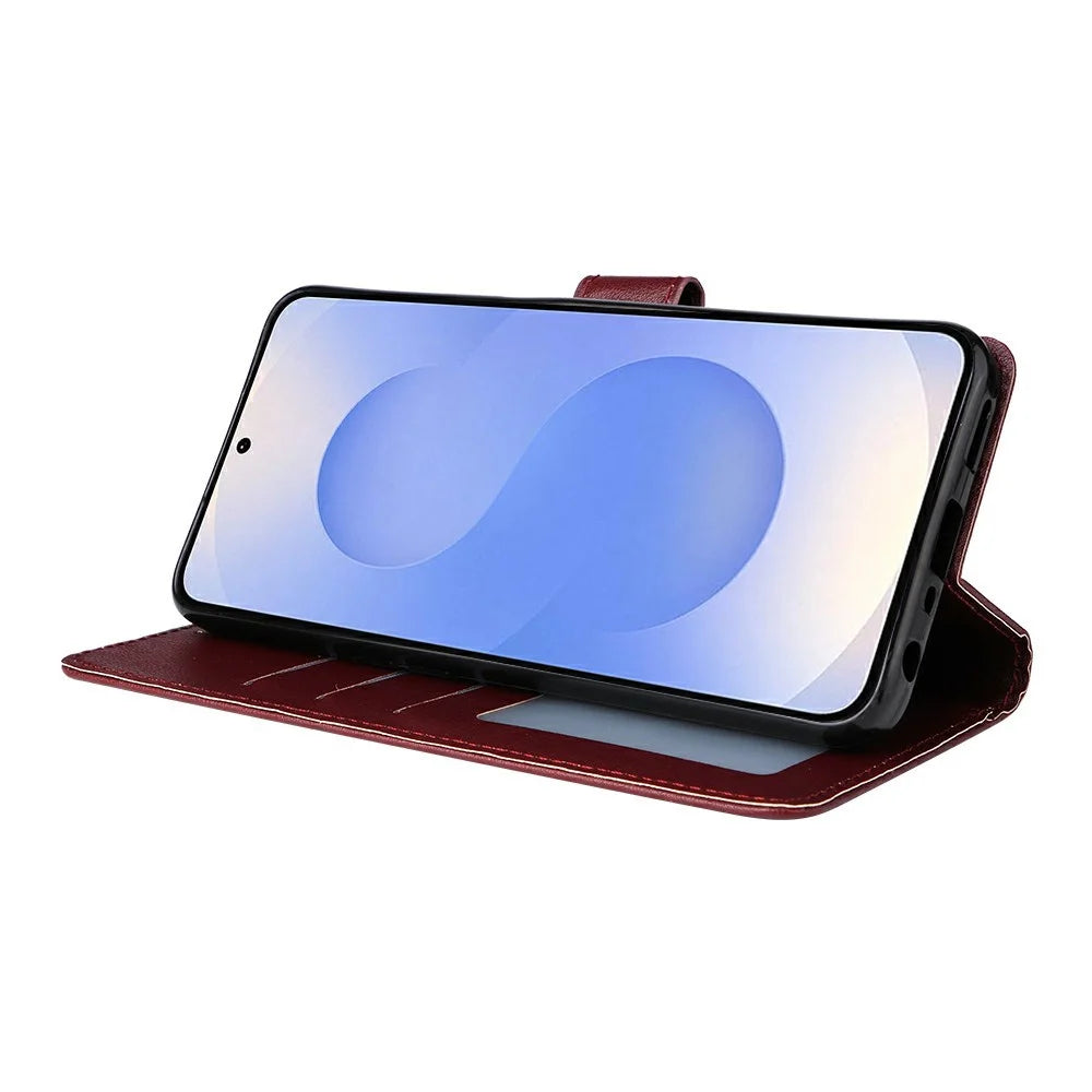 For Samsung Galaxy S25 Edge Case Wallet Stand View PU Leather Phone Cover with Wrist Strap - Wine Red - 3