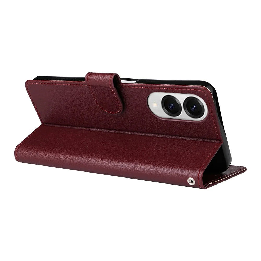 For Samsung Galaxy S25 Edge Case Wallet Stand View PU Leather Phone Cover with Wrist Strap - Wine Red - 4
