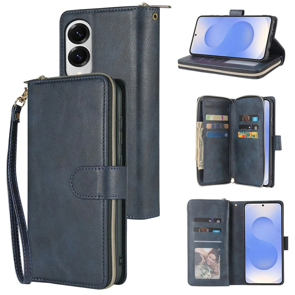 For Samsung Galaxy S25 Edge Case Zipper Pocket PU Leather Phone Cover with Hand Strap - Blue - 1